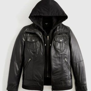 Quince 100% Leather Jacket with Hood Womens Medium Moto Biker Black